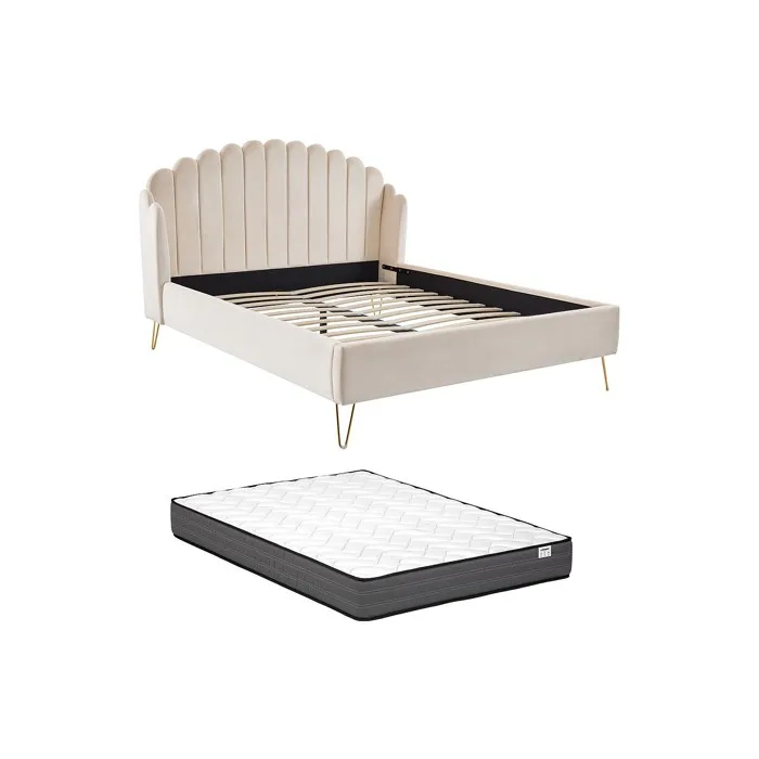 Lit 160 x 200 cm avec tête de lit ondulée - Velours - Beige + Matelas - SAGALI