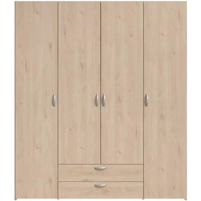 Armoire Chambre Varia - Décor Chene - 4 Portes Battantes + 2 Tiroirs - L 159,9 Cm X P 51,3 Cm X H 185 Cm