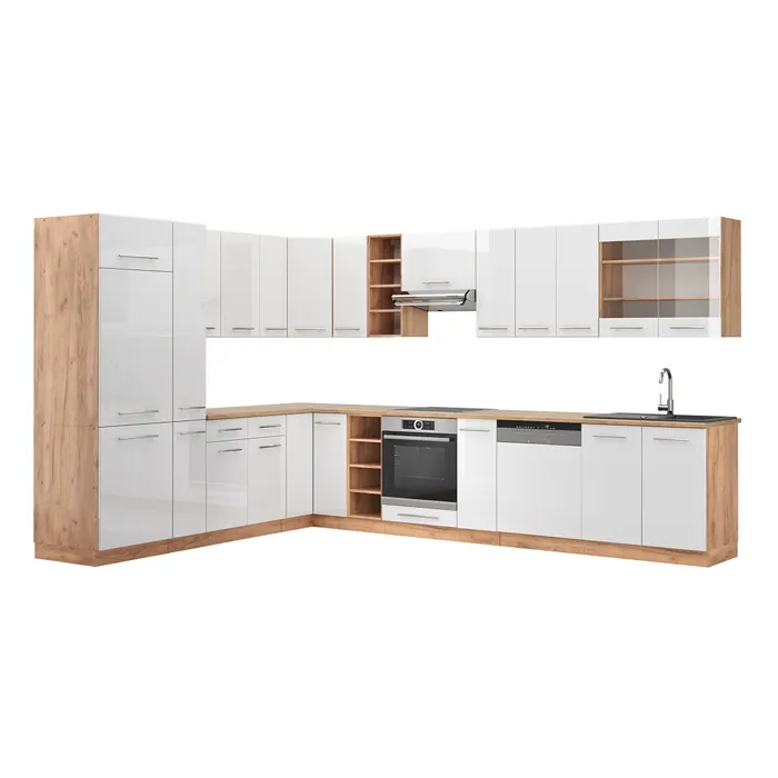 Vicco Cuisine en angle Blanc Haute brillance/Chêne de force doré 347 x 257 cm sans PT