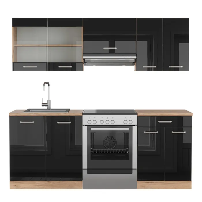 Vicco Cuisine Noir brillant/Chêne doré 200cm sans PT
