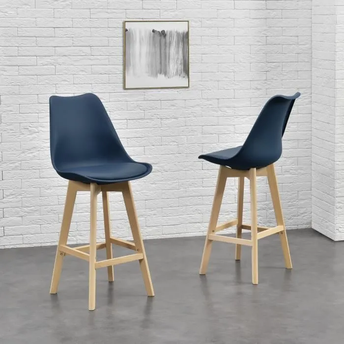 Lot de 4 Tabourets de Bar Lublin Plastique Similicuir Hêtre 105x48x58 cm Bleu en.casa