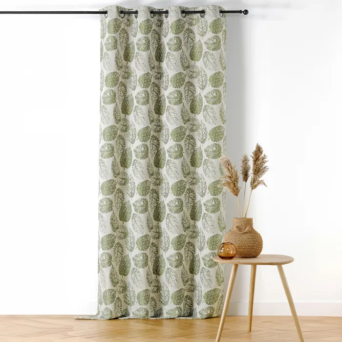 Rideau à Oeillets Motif Feuillage avec Relief (140x260 cm - Vert Olive)