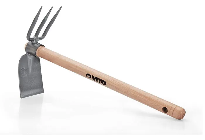 Serfouette avec panne et fourche 3 dents Outil de jardin Manche bois Inox et Fer forgés à la main VITO