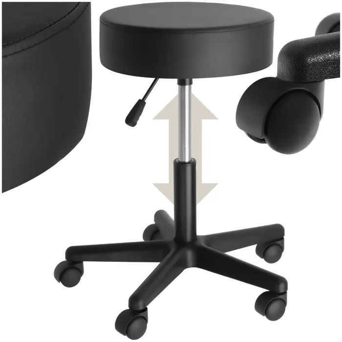 Tabouret à roulettes hauteur réglable et rotatif à 360 degrès avec revêtement en cuir synthétique