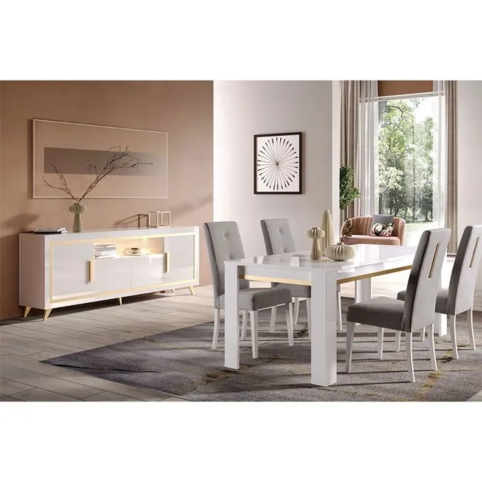 Jemma - Ensemble Séjour Blanc Décor Doré Table 160cm + Buffet Avec Leds