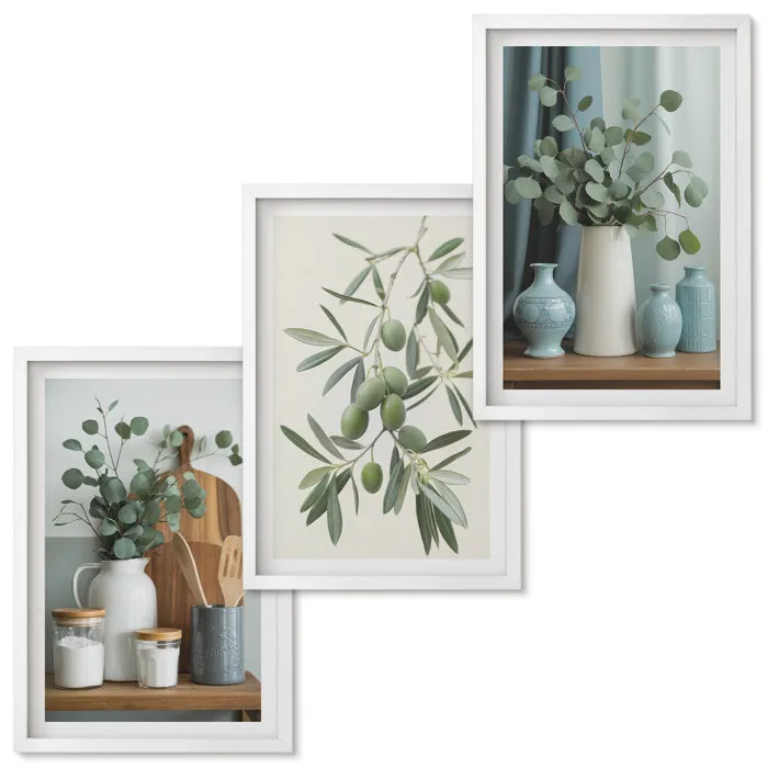 Lot de 3 Tableaux avec Cadre Blanc Tulup 40x60 cm Galerie Murale Olives vertes eucalyptus