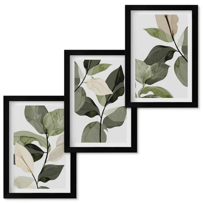 Set de 3 Tableaux Encadres Noir Tulup 20x30 cm Composition Murale Moderne pour Salon Feuilles de plantes bohèmes peintes