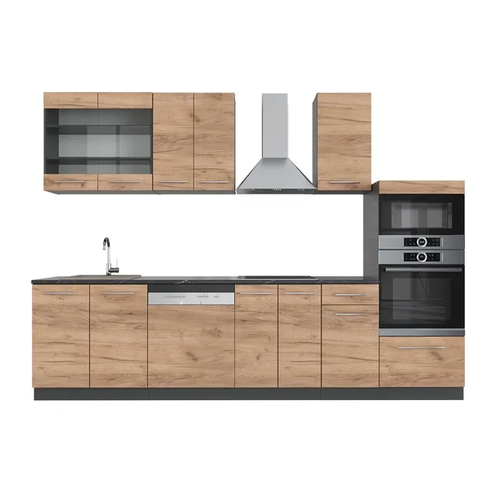 Vicco Cuisine Chêne doré/anthracite 300cm avec armoire haute, sans PT