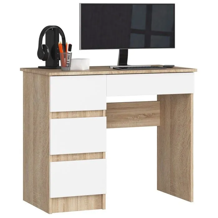 Bureau D'ordinateur Akord Gauche A7 Chêne Sonoma 90 Cm 4 Tiroirs Façade Blanche 90x50x77 Cm