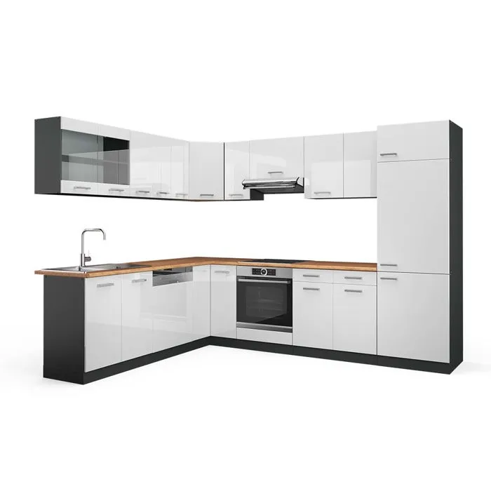 Vicco Cuisine en angle Blanc Haute brillance/Anthracite 287 x 227 cm, PT Chêne