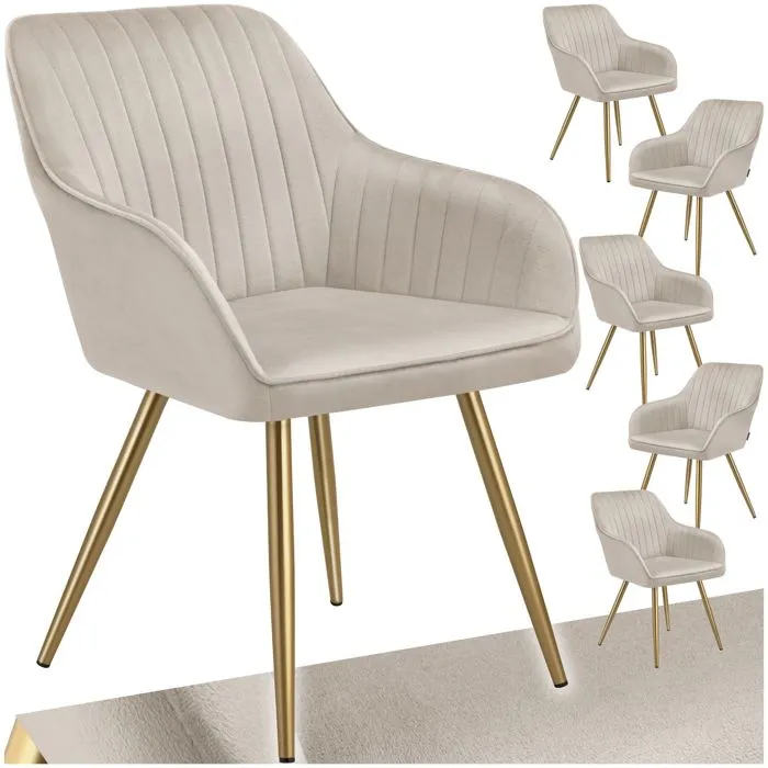 Lot 6 Chaises De Salle À Manger Aspect Velours Matelassé Taupe/or