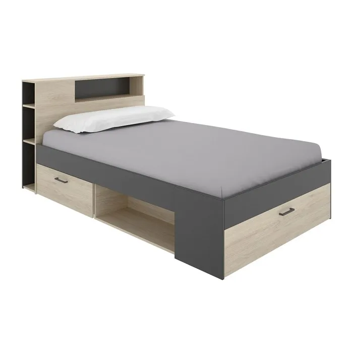 Lit avec tête de lit rangements et tiroirs - 120 x 190cm - Coloris: Naturel et anthracite - LEANDRE