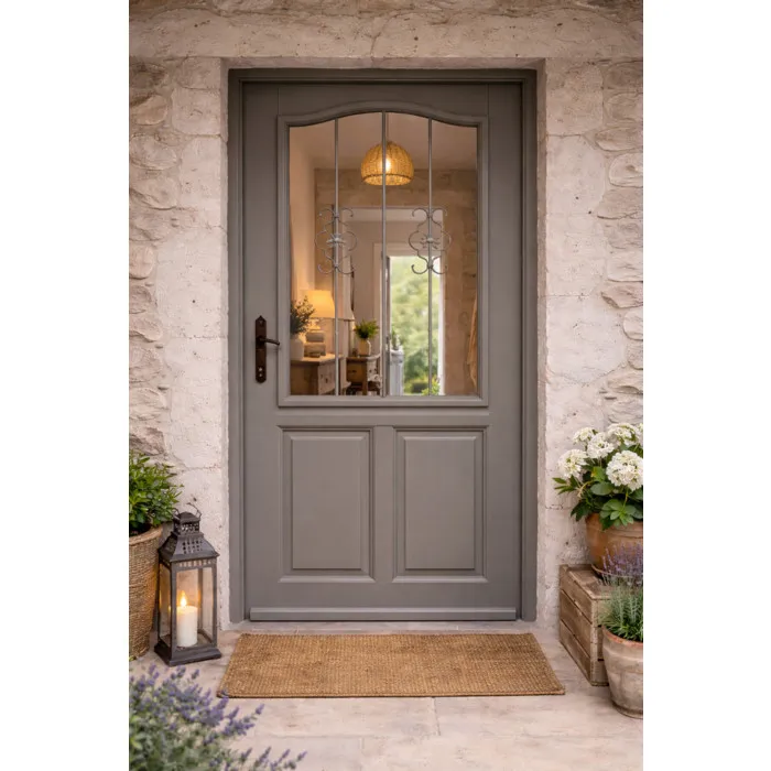 Porte D'entrée Bois Vitrée Santiago Gris Quartz, H200 X L90 Cm Côte Tableau, P.droit Gd Menuiseries