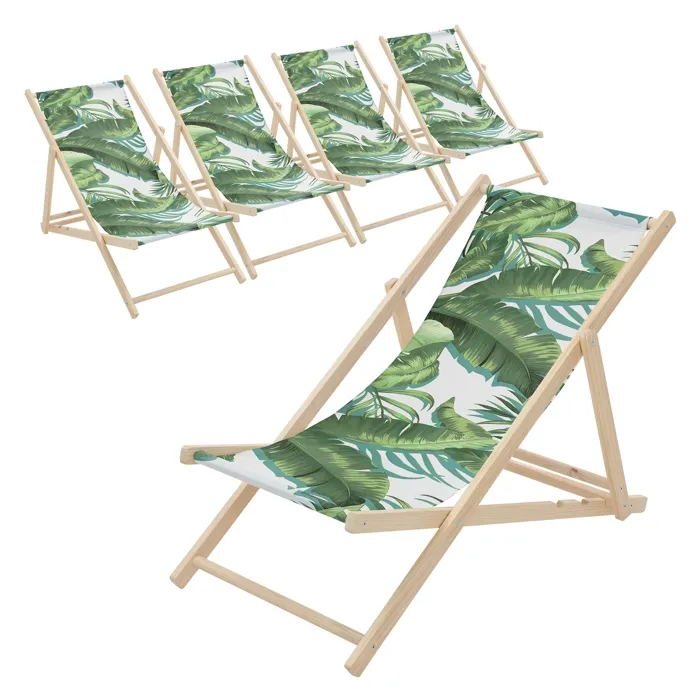 Ecd Germany 5x Chaises Longues Chiliennes Pliantes Motif Tropical En Bois De Pin Jusqu'à 120 Kg Dossier Réglable 3 Positions De Couchage Transat De Jardin Bain Soleil Tissu Oxford Polyester Étanche
