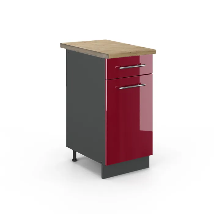 Vicco Meuble cuisine Rouge bordeaux Haute brillance/Anthracite 40cm plan de travail Chêne doré