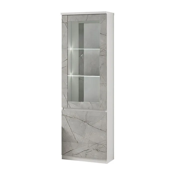 DEYTON - Vitrine Gauche Laquée Blanc et Gris Marbré avec Leds