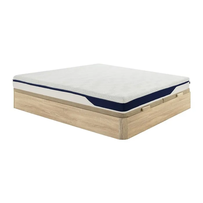 Ensemble 180 x 200 cm sommier coffre naturel clair + matelas mousse HD 7 zones et gel à mémoire de forme déhoussable ép.22cm -