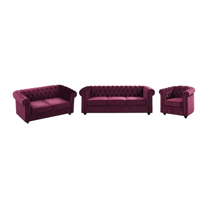 Canapés 3 places, 2 places et fauteuil en velours pourpre CHESTERFIELD