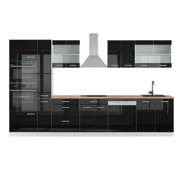 Vicco Cuisine Noir brillant/Blanc 350cm avec armoire haute, PT Chêne