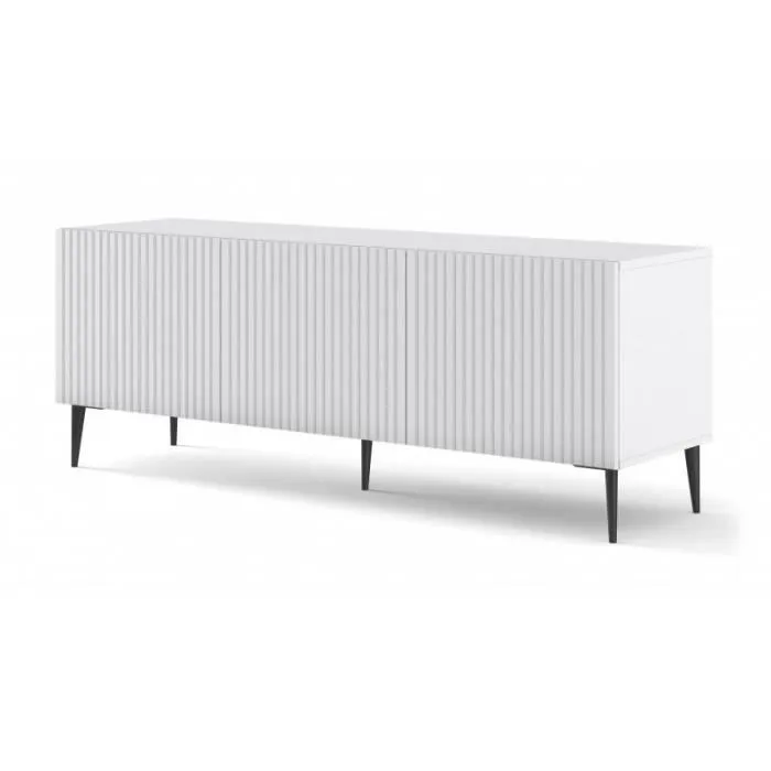 Meuble Tv Ravenna Avec 3 Portes En Bois Et Pieds Noirs - Blanc Mat - L 150 X P 42 X H 56 Cm
