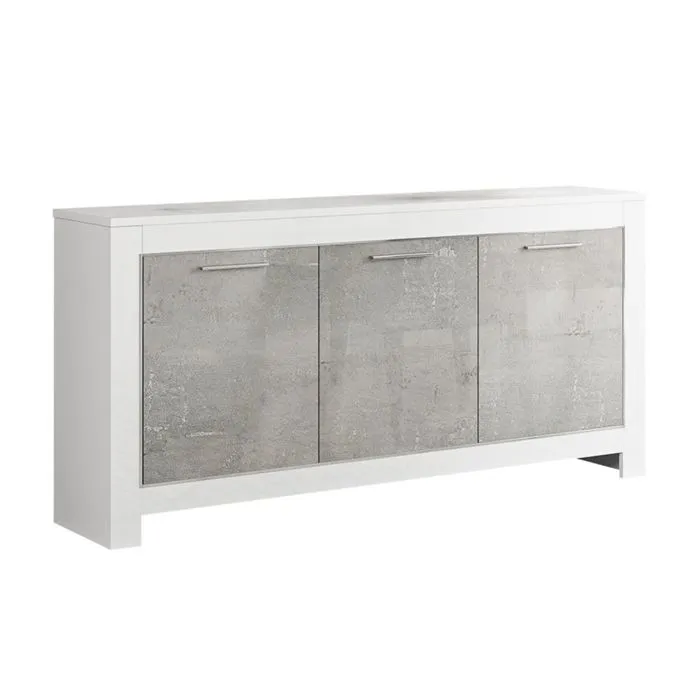 Denae - Buffet 3 Portes L160cm Laqué Blanc Brillant Et Gris Marbré