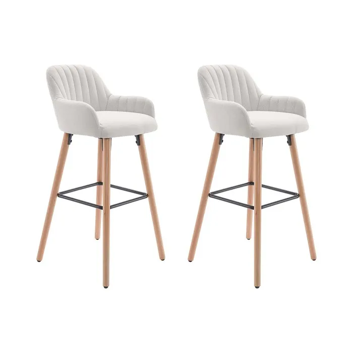 Lot De 2 Tabourets De Bar En Tissu Et Pieds Bois De Hêtre - Crème - Eleana