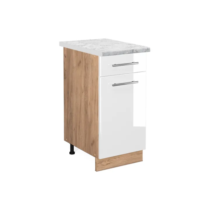 Vicco Meuble cuisine Blanc Haute brillance/Chêne doré 40cm plan de travail Marbre
