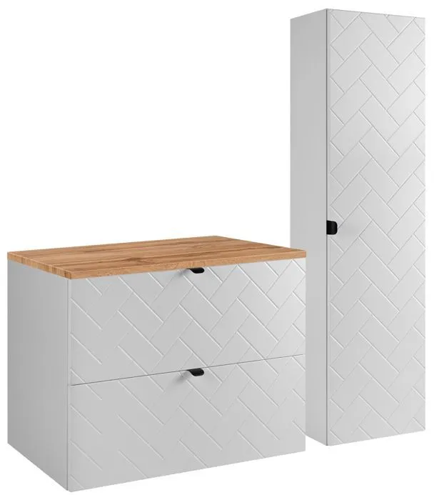 Ensemble un meuble sous vasque 80 cm avec le plan CHÊNE et une colonne 35/136 cm à suspendre MADIS BLANC