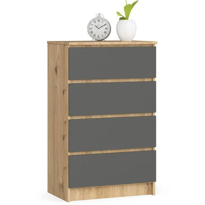 Commode AKORD K60 Chêne Artisan 60 cm 4 tiroirs façade Gris Graphite 60x40x99 cm
