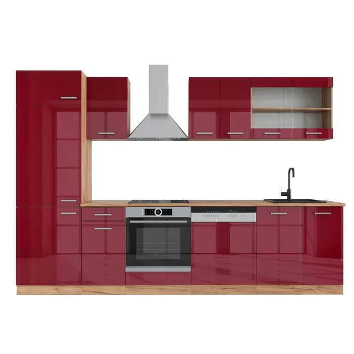 Vicco Cuisine Rouge brillant/Chêne doré 300cm, PT Chêne
