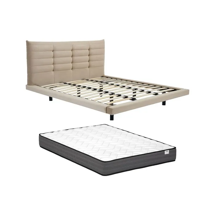 Lit 140 x 190 cm avec tête de lit capitonnée - Velours - Beige + Matelas - NISATIO