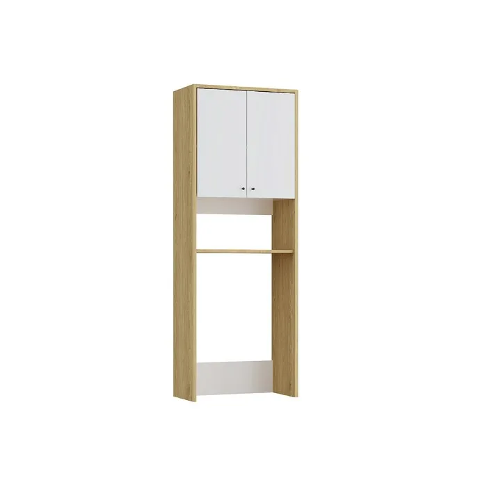 Meuble pour machine à laver avec double portes - L65 x H180 cm - Blanc et naturel clair - WORIKA
