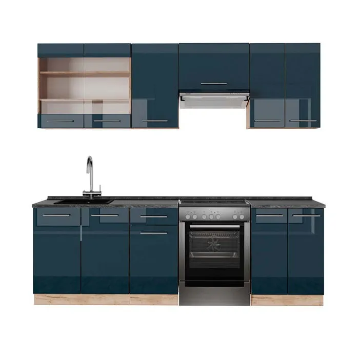 Vicco Cuisine bleu foncé brillant/chêne doré 240cm, PT Anthracite