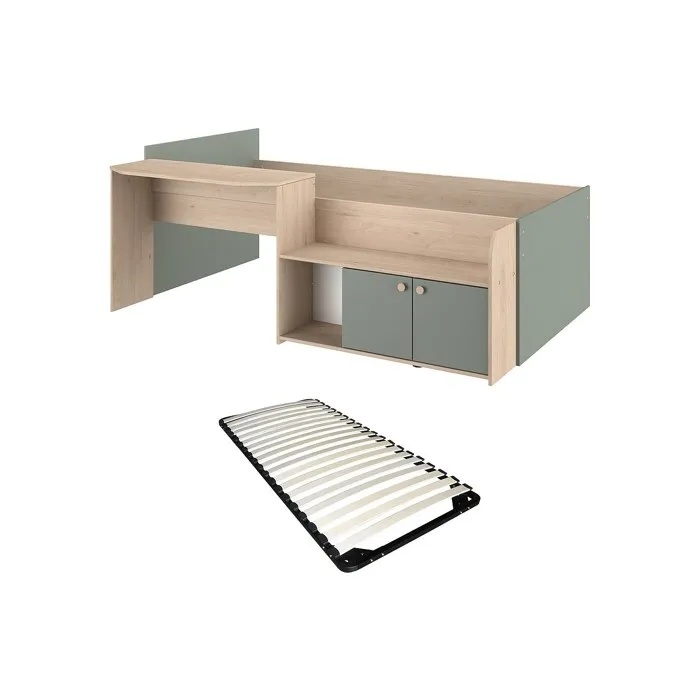 Lit combiné 90 x 190/200 cm - Coloris: Naturel et vert + Sommier - MIVONA