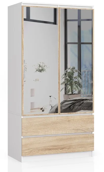 Armoire Akord S90 Blanche 90 Cm 2 Portes 2 Tiroirs Façade Chêne Sonoma 4 Étagères 90x51x180 Cm