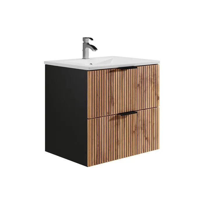 Meuble de salle de bain suspendu strié avec vasque à encastrer - Naturel clair et noir - 60 cm - MADELA