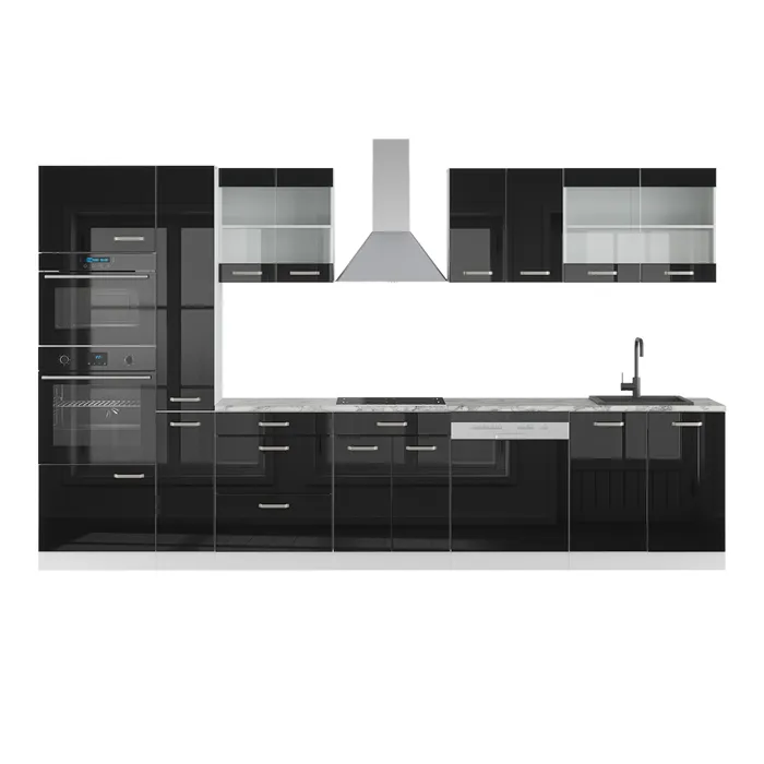 Vicco Cuisine Noir brillant/Blanc 350cm avec armoire haute, sans PT