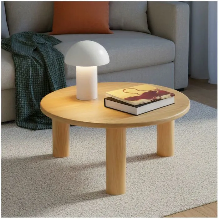 Table basse ronde avec pieds en bois massif et plateau en mdf plaqué