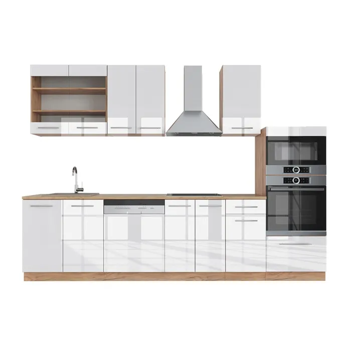 Vicco Cuisine Blanc brillant/Chêne doré 300cm avec armoire haute, sans PT