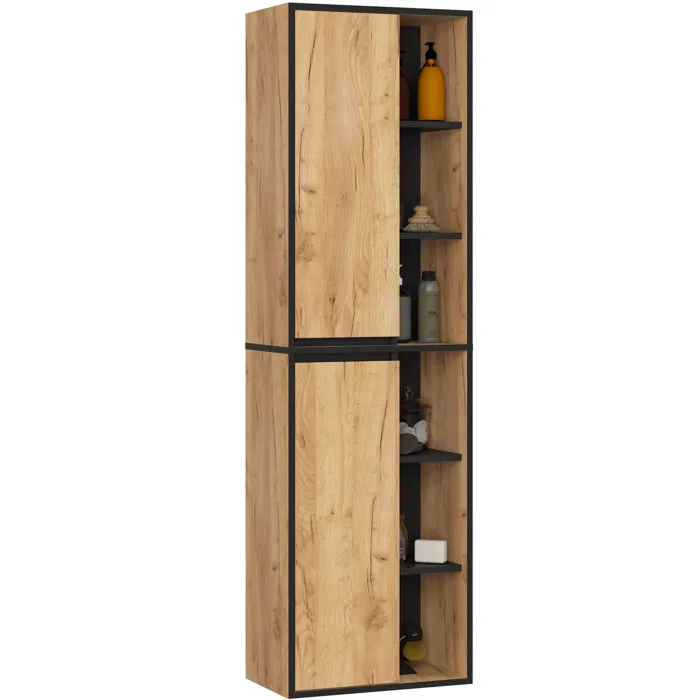 Colonne salle de bains VAMI suspendu Chêne Craft 50 cm 2 portes façade Noire 10 étagères 50x30x170 cm