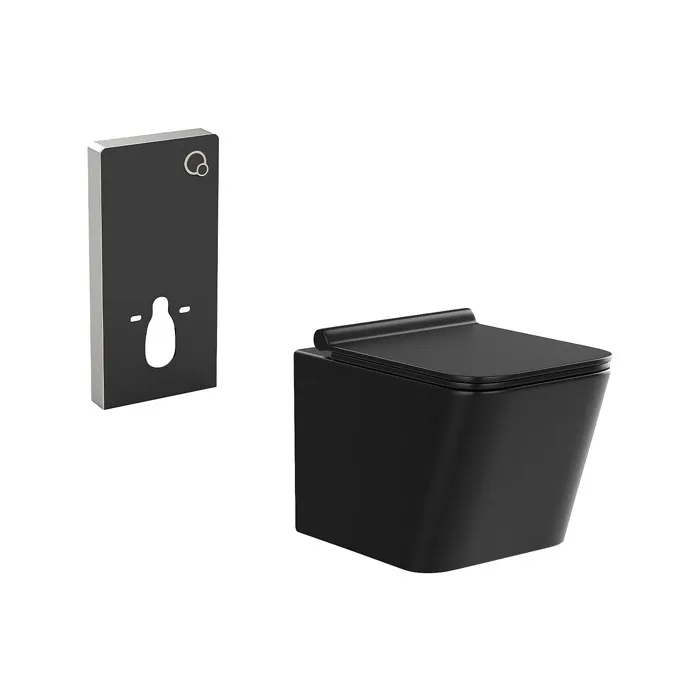 Pack WC suspendu noir mat avec bâti-support décoratif - CLEMONA