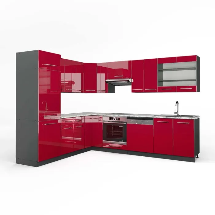 Vicco Cuisine en angle Rouge bordeaux Haute brillance/Anthracite 287 x 227 cm, PT Marbre
