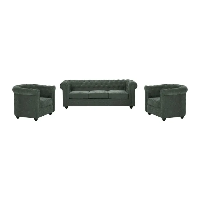 Canapé 3 places et 2 fauteuils en tissu vert CHESTERFIELD