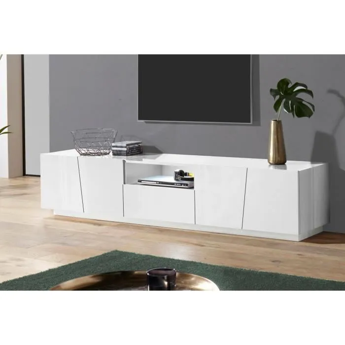 Meuble Tv Avec Lumière Led Effet Bois Blanc Brillant 220x43 Cm