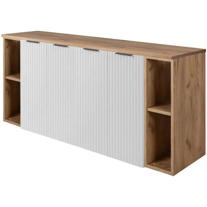 Meuble sous vasque à 4 portes FLOW BLANC 160 cm avec 2 x l'étagères - extensions et plan CHÊNE