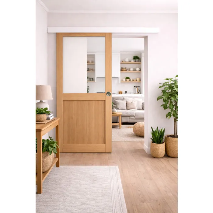 Porte Coulissante Atelier Placage Chene Vitrée H204 X L83 Cm, Rail Alu Bandeau Blanc, Coquilles Gd Menuiseries