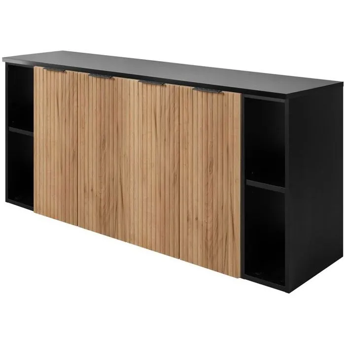 Meuble sous vasque à 4 portes FLOW CHÊNE 160 cm avec 2 x l'étagères - extensions et plan NOIR