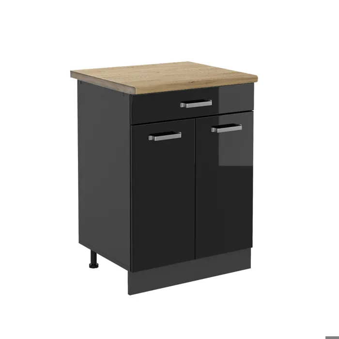 Vicco Meuble cuisine Noir Haute brillance/Anthracite 60cm avec tiroir plan de travail Chêne doré