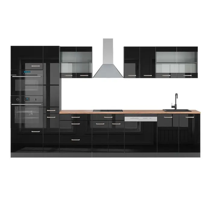 Vicco Ligne de cuisine Noir brillant/Anthracite 350cm avec armoire haute, PT Chêne