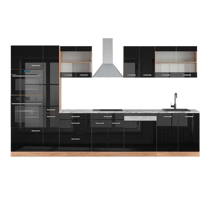 Vicco Cuisine Chêne noir brillant/chêne doré 350cm avec armoire haute, PT Marbre